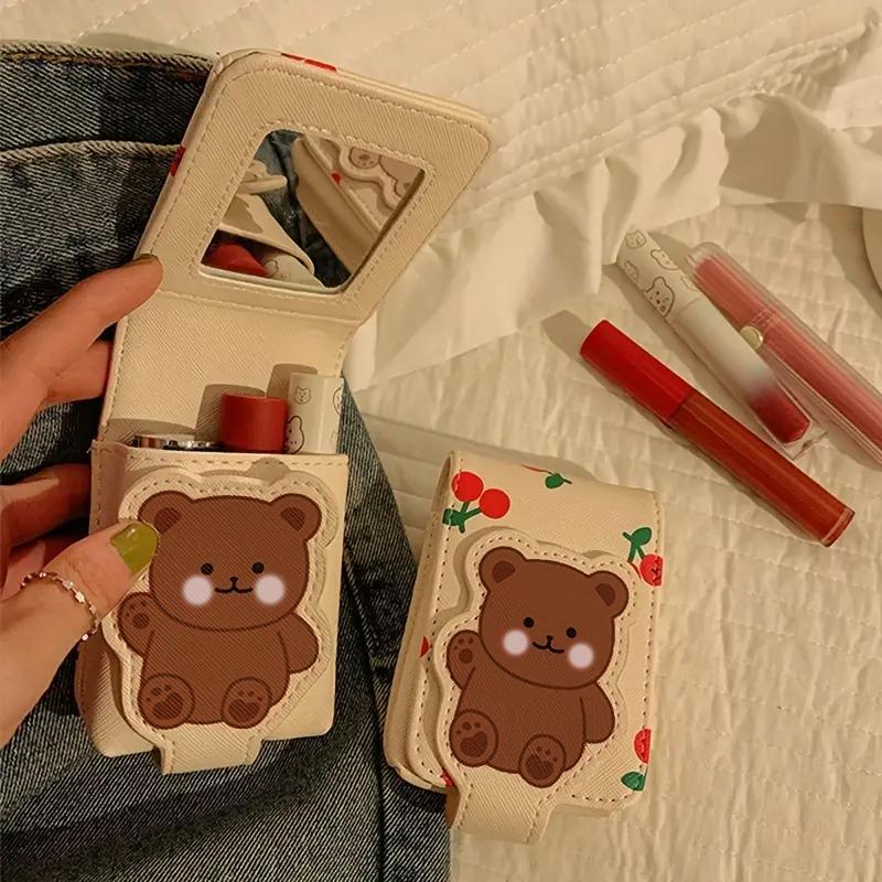 Cartoon Bear & Cherry Pattern Lipstick Bag, Cute Mini Lipstick Storage Bag with Built-in Mirror, Portable Cosmetic Storage Pouch for Travel & Daily Use