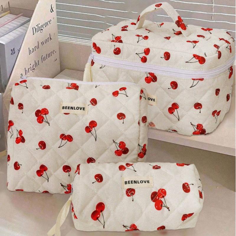 Set Quilting Soft Cherry Pattern Balletcore Multi-Functional Travel Cosmetic Bag Large Capacity Cosmetic Bag,Makeup Bag Makeup Pouch Skincare Bag ,Large Capacity For Travel