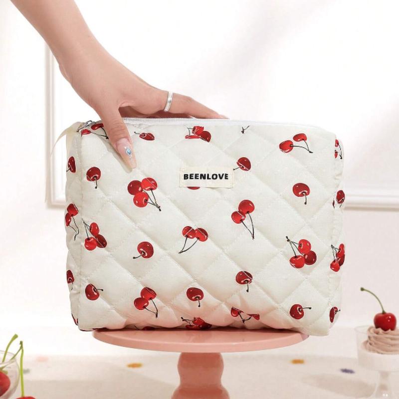 Set Quilting Soft Cherry Pattern Balletcore Multi-Functional Travel Cosmetic Bag Large Capacity Cosmetic Bag,Makeup Bag Makeup Pouch Skincare Bag ,Large Capacity For Travel