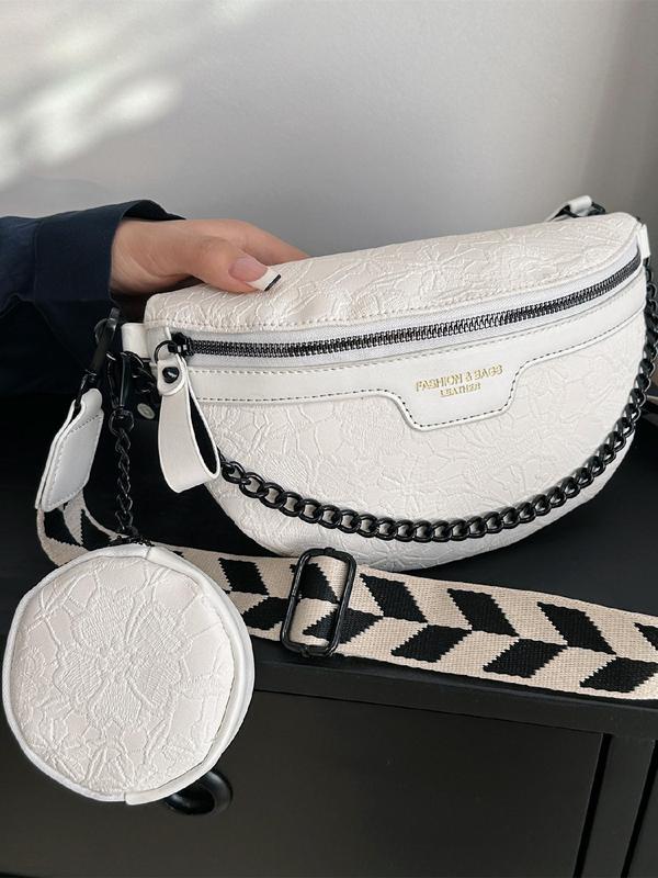 Women's 2 in 1 Fashion Chain Decor Fanny Pack & with Coin Purse, Elegant Trendy Floral Embossed Chest Bag, Matching Zipper Bum Bag with Adjustable Geometric Pattern Strap for Daily Used