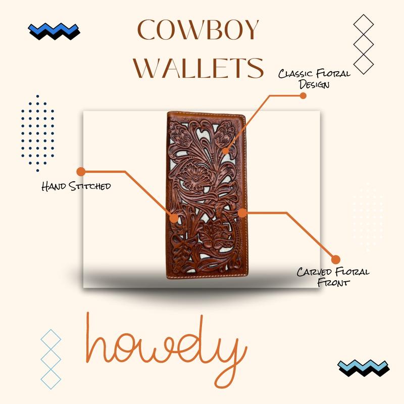 Mens Long Wallet Floral Cutout Layered Leather Brown White Soft Leather Checkbook Style Cowboy Hand Crafted High End Mens Wallets Leather Bull Rider Rodeo