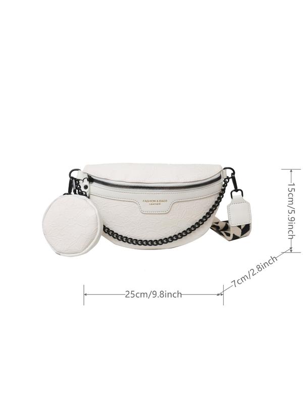 Women's 2 in 1 Fashion Chain Decor Fanny Pack & with Coin Purse, Elegant Trendy Floral Embossed Chest Bag, Matching Zipper Bum Bag with Adjustable Geometric Pattern Strap for Daily Used