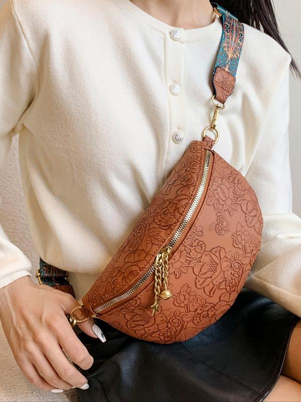 Women's Elegant Floral Pattern Fanny Pack, Fashionable PU Leather Zipper Belt Bag for Daily Used, Casual Trendy Versatile High-quality Daily Commuting Bag