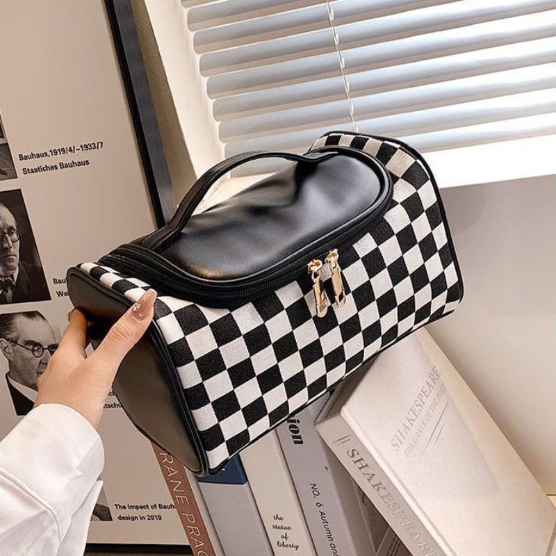 Christmas Vintage Checkerboard Pattern Makeup Bag, Large Capacity Cosmetic Bag, Zipper Makeup Organizer Pouch for Skincare, Makeup Products, Summer Gift, Fall Gift