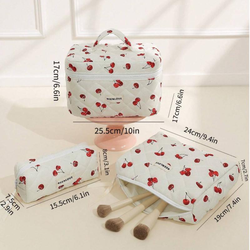 Set Quilting Soft Cherry Pattern Balletcore Multi-Functional Travel Cosmetic Bag Large Capacity Cosmetic Bag,Makeup Bag Makeup Pouch Skincare Bag ,Large Capacity For Travel