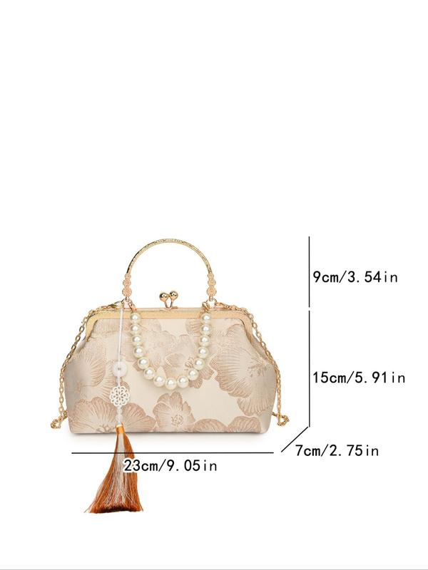 Women's Elegant Faux Pearl & Fringe Decorated Crossbody Bag, Fashionable Floral Pattern Shoulder Bag for Daily Used, Casual Trendy Versatile High-quality Daily Commuting Bag