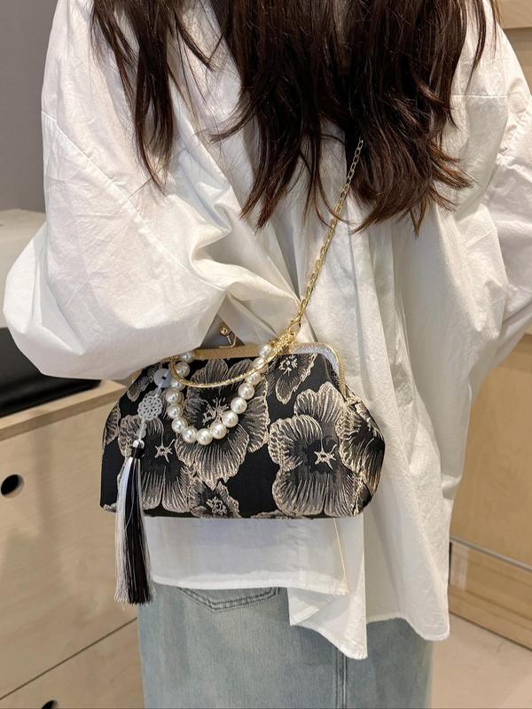 Women's Elegant Faux Pearl & Fringe Decorated Crossbody Bag, Fashionable Floral Pattern Shoulder Bag for Daily Used, Casual Trendy Versatile High-quality Daily Commuting Bag