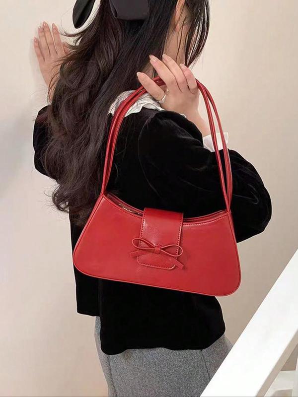 Women's Solid Color Bow Decor Shoulder Bag, Fashionable PU Leather Underarm Bag for Daily Used, Casual Trendy Versatile High-quality Daily Commuting Bag