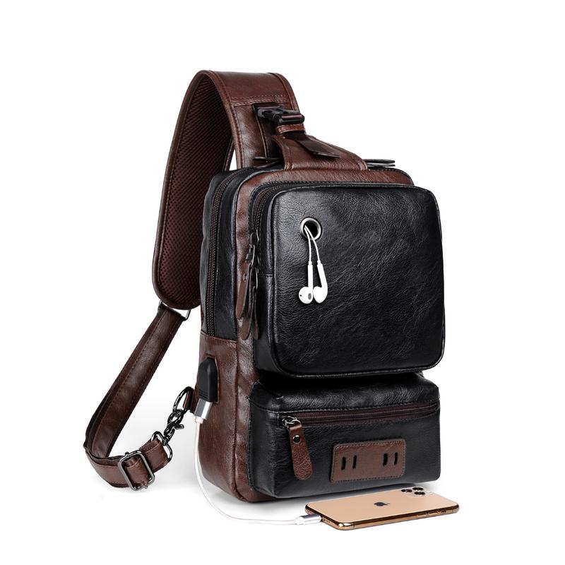 Small Black Sling Crossbody Backpack Shoulder Bag for Men Women Vintage PU Leather Sling Backpack Cycling