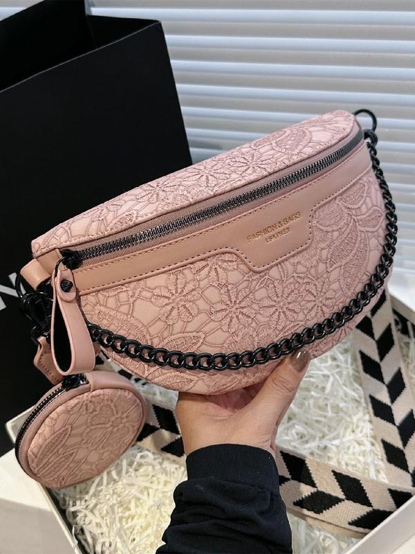 Women's 2 in 1 Fashion Chain Decor Fanny Pack & with Coin Purse, Elegant Trendy Floral Embossed Chest Bag, Matching Zipper Bum Bag with Adjustable Geometric Pattern Strap for Daily Used