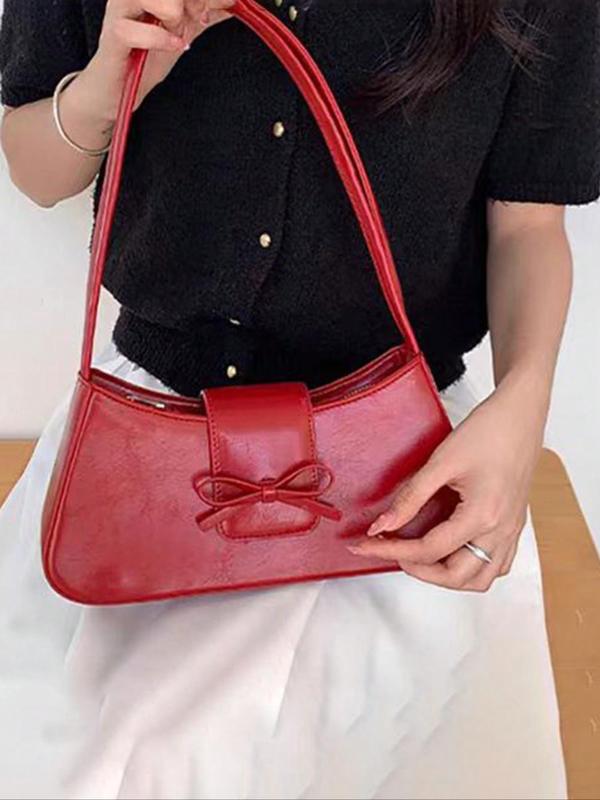 Women's Solid Color Bow Decor Shoulder Bag, Fashionable PU Leather Underarm Bag for Daily Used, Casual Trendy Versatile High-quality Daily Commuting Bag