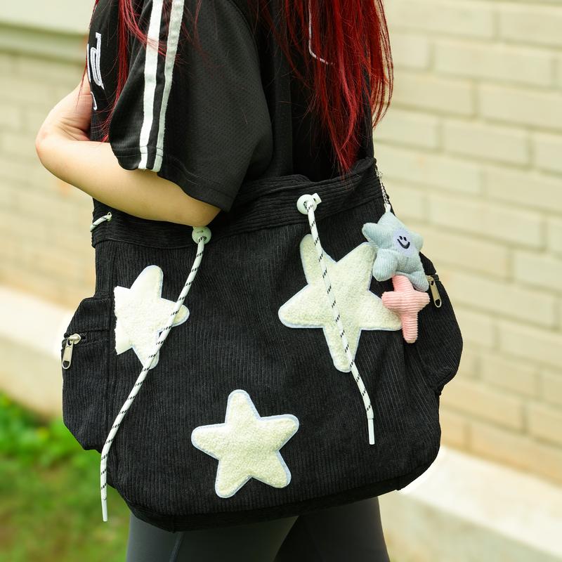 Star Pattern corduroy Tote Bag for Party, Casual Large capacity corduroy Everything Tote Bag for Daily Used, Drawstring Design Tote Bag for School & College & Work Tote Bag