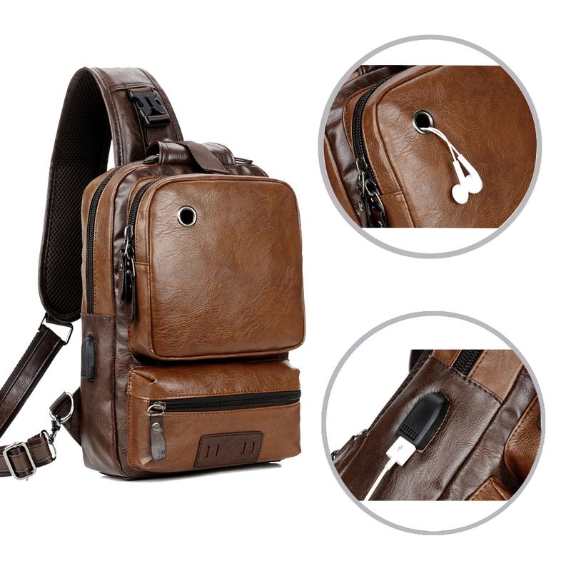 Small Black Sling Crossbody Backpack Shoulder Bag for Men Women Vintage PU Leather Sling Backpack Cycling