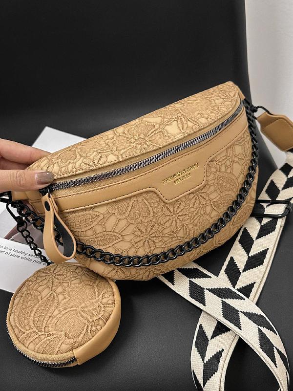 Women's 2 in 1 Fashion Chain Decor Fanny Pack & with Coin Purse, Elegant Trendy Floral Embossed Chest Bag, Matching Zipper Bum Bag with Adjustable Geometric Pattern Strap for Daily Used