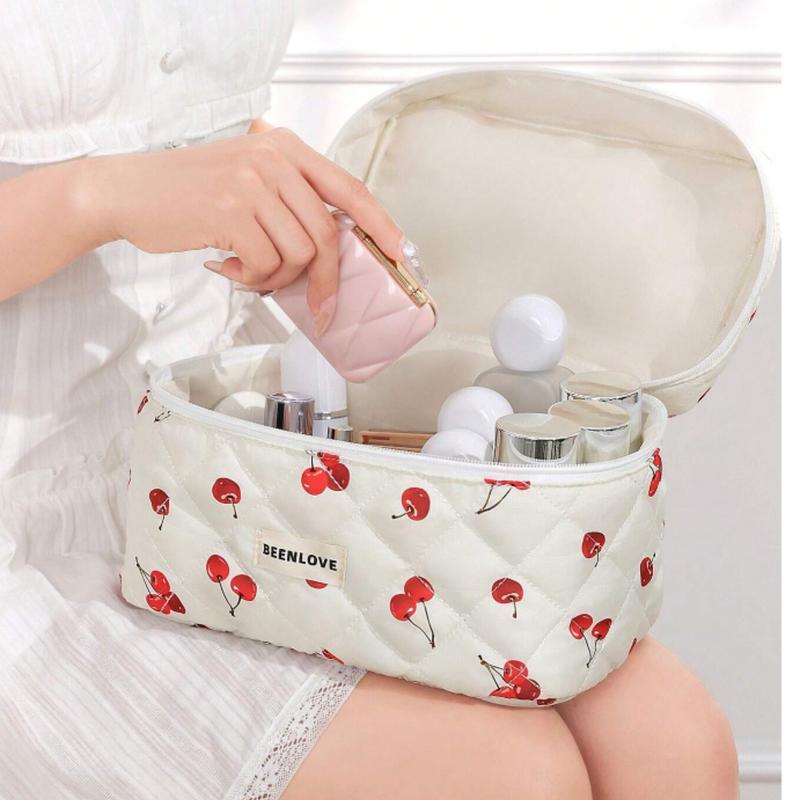 Set Quilting Soft Cherry Pattern Balletcore Multi-Functional Travel Cosmetic Bag Large Capacity Cosmetic Bag,Makeup Bag Makeup Pouch Skincare Bag ,Large Capacity For Travel