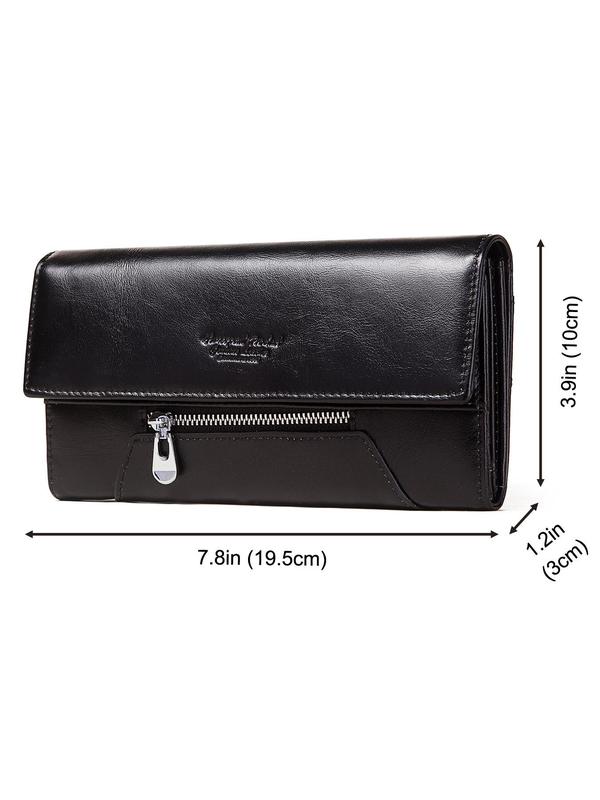 Genuine Leather Women's Fashion Solid Color Long Wallet Perfect for Gift, High Quality Letter Patch New Style Casual Zipper Card Holder, Female Vintage Wallet for Daily Used