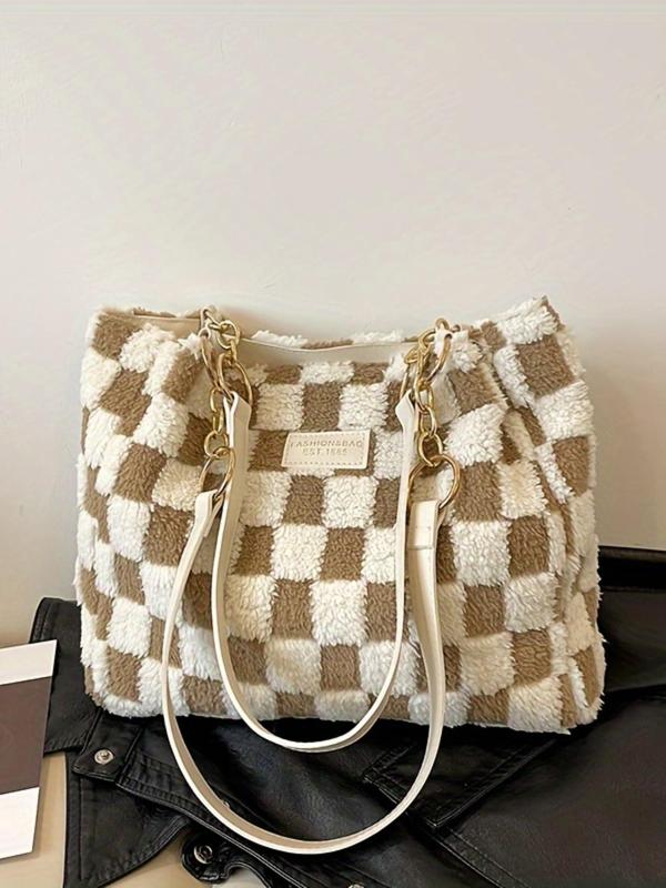 Women's Fashionable Checkerboard Pattern Tote Bag, Large Capacity Shoulder Bag, Casual Versatile Handbag for Daily Used