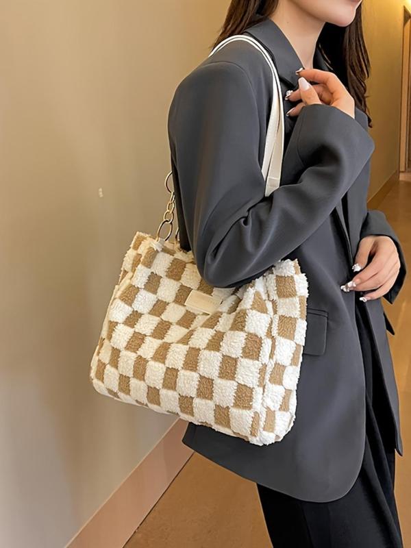 Women's Fashionable Checkerboard Pattern Tote Bag, Large Capacity Shoulder Bag, Casual Versatile Handbag for Daily Used