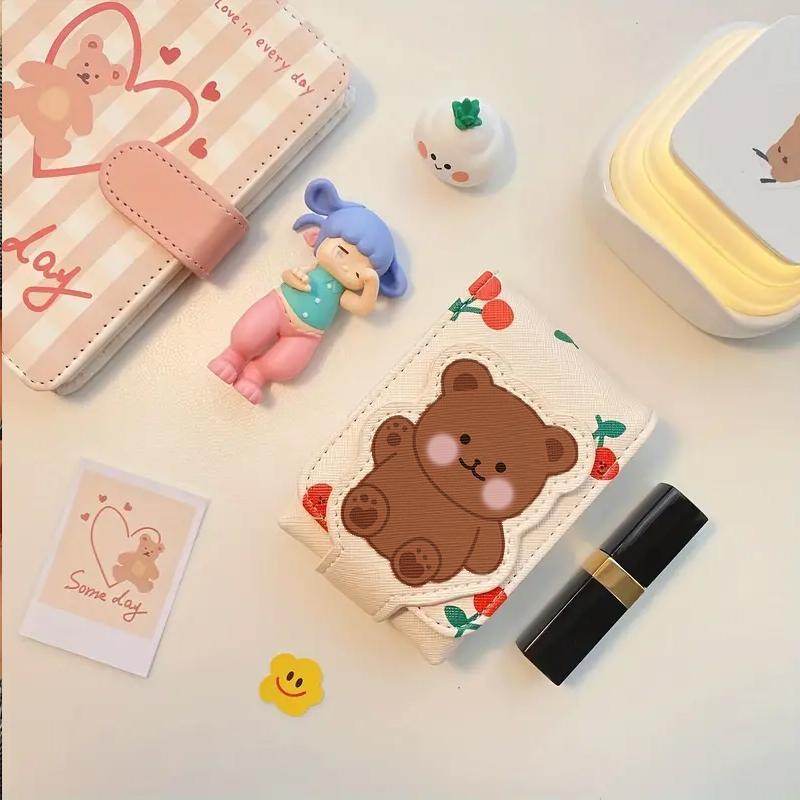 Cartoon Bear & Cherry Pattern Lipstick Bag, Cute Mini Lipstick Storage Bag with Built-in Mirror, Portable Cosmetic Storage Pouch for Travel & Daily Use