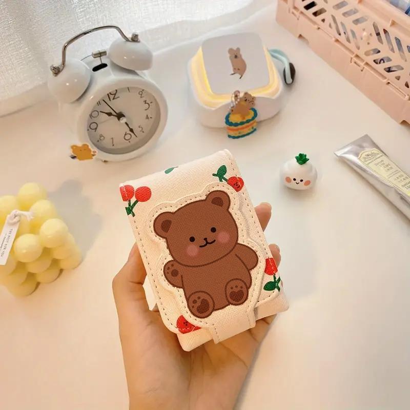 Cartoon Bear & Cherry Pattern Lipstick Bag, Cute Mini Lipstick Storage Bag with Built-in Mirror, Portable Cosmetic Storage Pouch for Travel & Daily Use