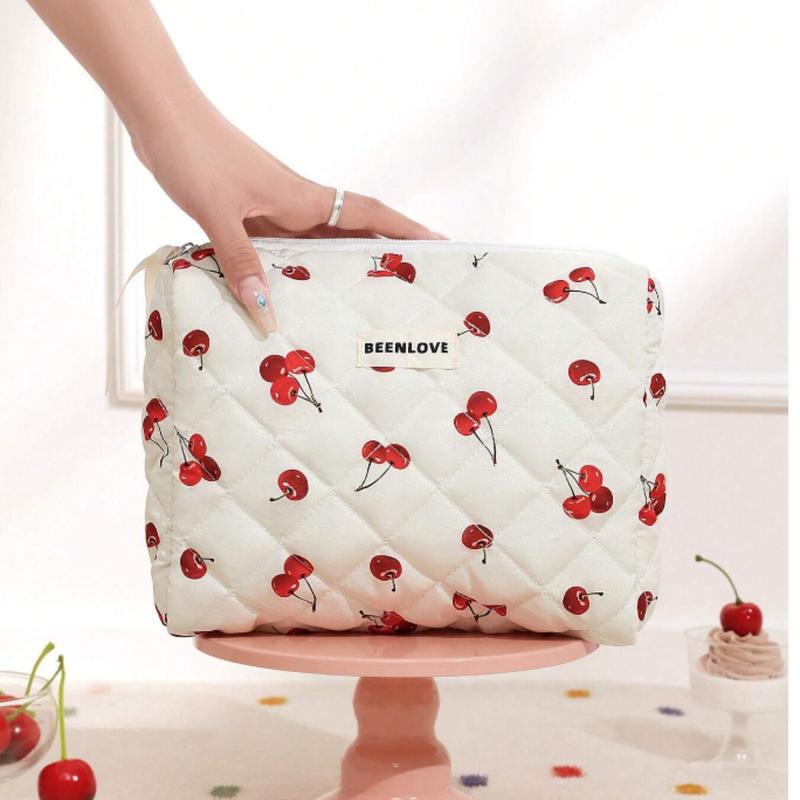 Set Quilting Soft Cherry Pattern Balletcore Multi-Functional Travel Cosmetic Bag Large Capacity Cosmetic Bag,Makeup Bag Makeup Pouch Skincare Bag ,Large Capacity For Travel