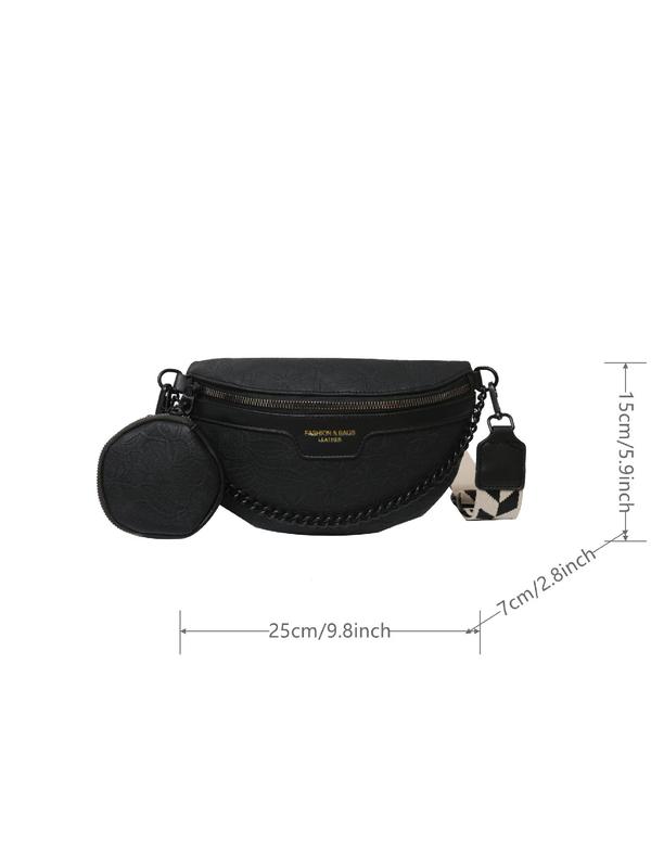 Women's 2 in 1 Fashion Chain Decor Fanny Pack & with Coin Purse, Elegant Trendy Floral Embossed Chest Bag, Matching Zipper Bum Bag with Adjustable Geometric Pattern Strap for Daily Used