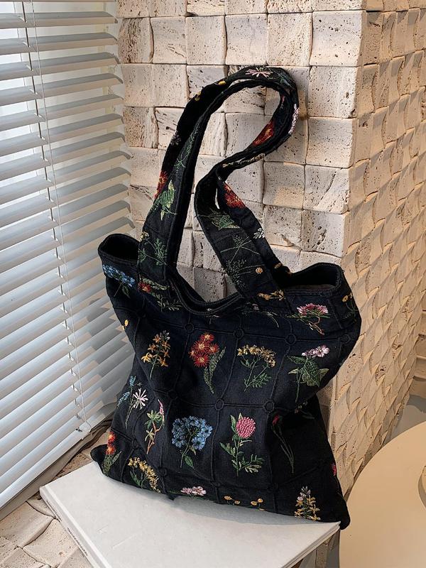 Women's Floral Pattern Embroidered Everything Tote Bag, Summer 2024 Large Capacity Designer Shoulder Bag for Teen Girls, Women