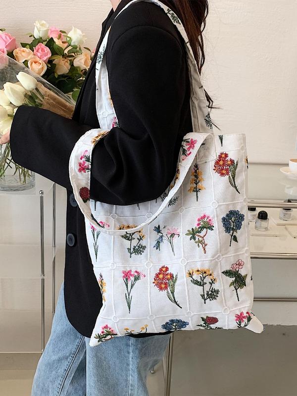 Women's Floral Pattern Embroidered Everything Tote Bag, Summer 2024 Large Capacity Designer Shoulder Bag for Teen Girls, Women