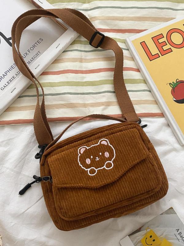 Cute Cartoon Bear Pattern Corduroy Crossbody Bag,  Fashionable Shoulder Bag for Women & Girls, Casual Trendy Versatile High-quality Daily Commuting Bag