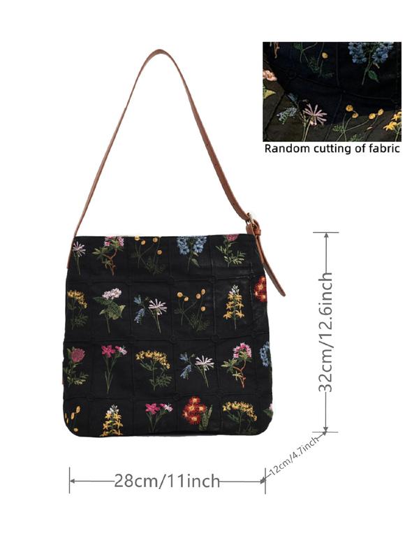 Women's Floral Pattern Embroidered Everything Tote Bag, Summer 2024 Large Capacity Designer Shoulder Bag for Teen Girls, Women