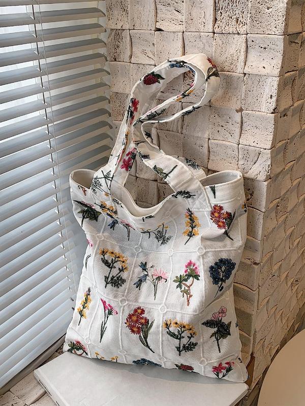 Women's Floral Pattern Embroidered Everything Tote Bag, Summer 2024 Large Capacity Designer Shoulder Bag for Teen Girls, Women