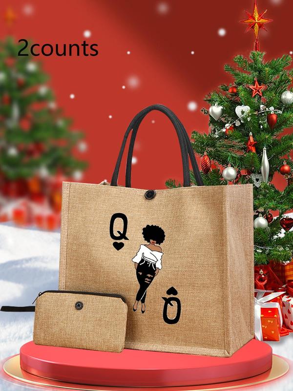 Letter & Figure Pattern Tote Bag with Small Zipper Bag, Large Capacity Travel Bag, Casual Trendy Versatile Daily Commuting Designer Tote Bag for Women for Gifts, Fall Outfits, Earthtone Fall Freshness