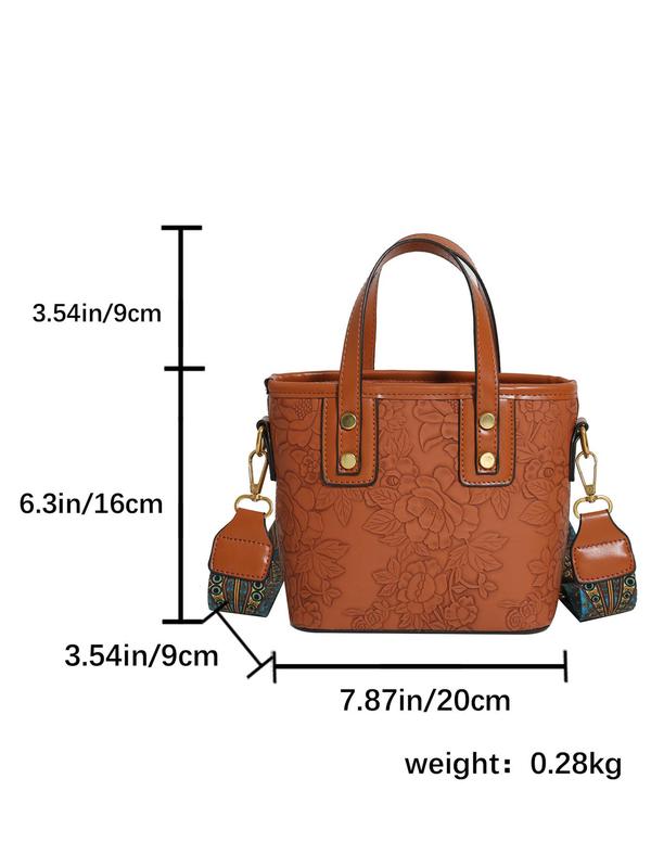 Women's Elegant Ethnic Pattern Flower Embossed Handbag, Fashionable Vintage Bucket Bag, PU Leather Crossbody Bag for Daily Life for Women & Girls