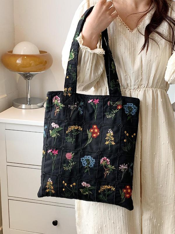 Women's Floral Pattern Embroidered Everything Tote Bag, Summer 2024 Large Capacity Designer Shoulder Bag for Teen Girls, Women