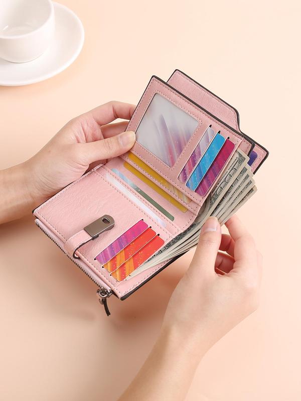 Women's Cute Solid Color Short Bifold Wallet, Fashionable Multi-functional Card Holder with Zipper Pocket, Casual Trendy Versatile High-quality Daily Wallet