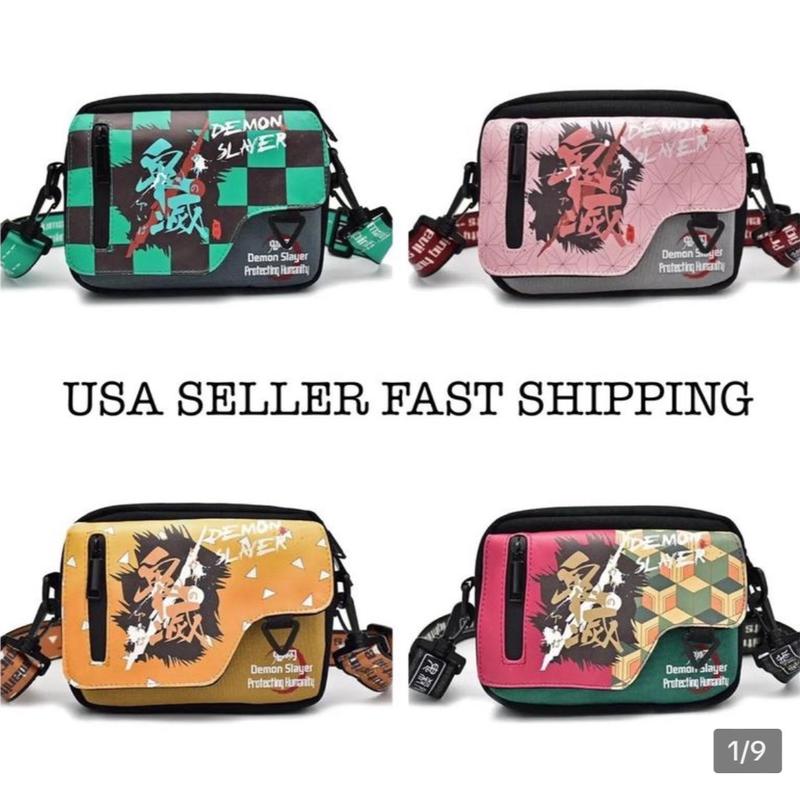 Anime Messenger Bag - Small Compact Size - Side Shoulder Crossbody Bag - Character - Tanjiro Kamado, Nezuko Kamado, Zenitsu Agatsuma, Giyu Tomioka - Pattern Symbol Logo - Japanese Anime Manga Fashion Design Art - Back to School Travel Work Book Satchel