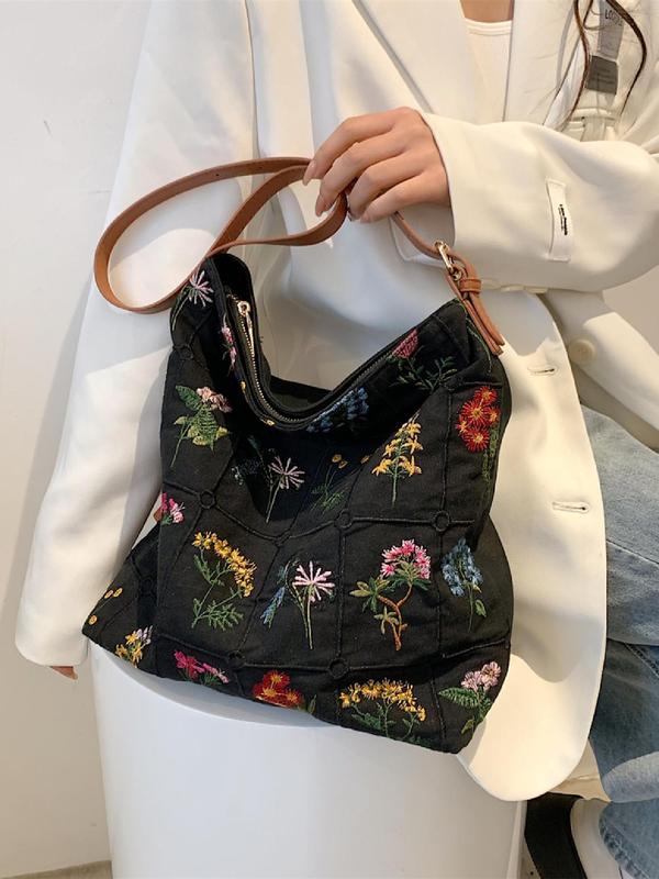 Women's Floral Pattern Embroidered Everything Tote Bag, Summer 2024 Large Capacity Designer Shoulder Bag for Teen Girls, Women