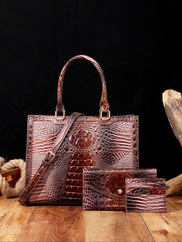 Fashionable Crocodile Embossed Handbag & Clutch & Wallet, Casual Trendy Versatile High-quality Daily Commuting Bag Set, Girl Fashionable Bag Set Unique Everyday Designer Bags