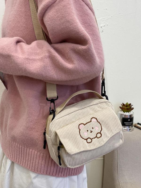 Cute Cartoon Bear Pattern Corduroy Crossbody Bag,  Fashionable Shoulder Bag for Women & Girls, Casual Trendy Versatile High-quality Daily Commuting Bag