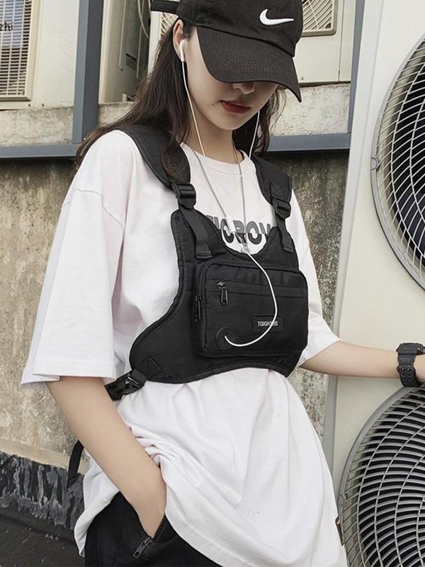 2024 Trendy  Letter Label Decorated Zipper Belt Bag, Summer Large Capacity Sports Bag, Hip Hop Streetwear Chest Bag, Multi-functional Phone Case Fanny Pack