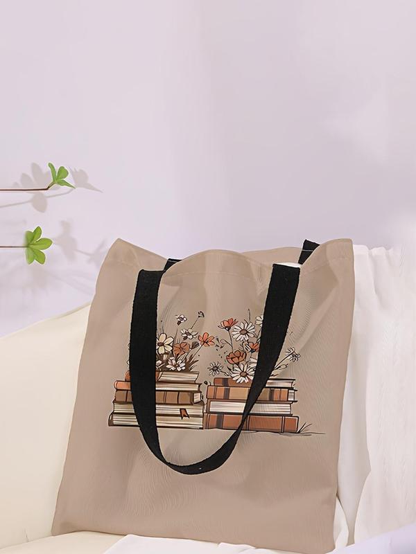 Women's Book & Flower Pattern Tote Bag, Casual Trendy Shoulder Bag, Fashionable Large Capacity Shopping Bag for Women & Girls