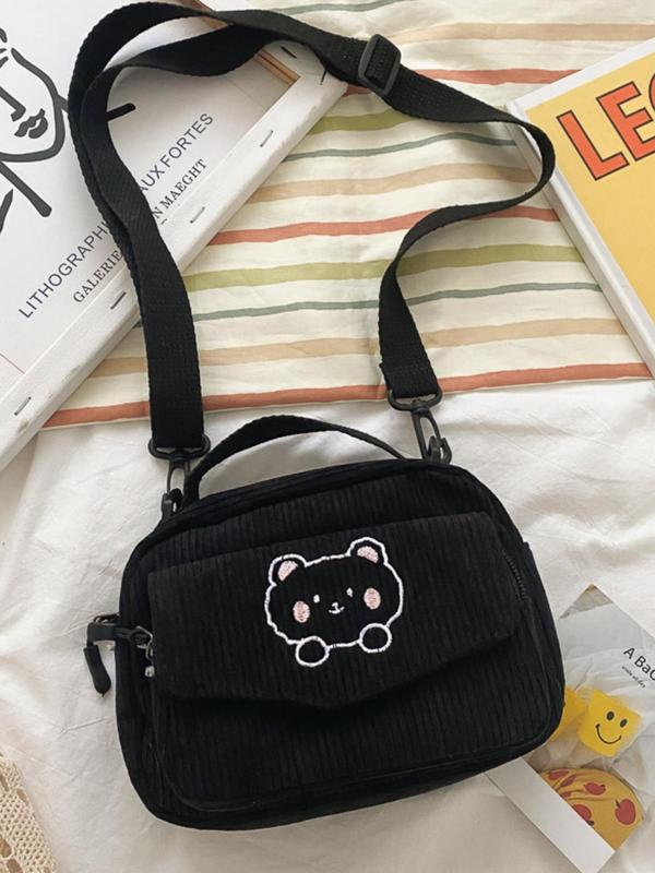 Cute Cartoon Bear Pattern Corduroy Crossbody Bag,  Fashionable Shoulder Bag for Women & Girls, Casual Trendy Versatile High-quality Daily Commuting Bag