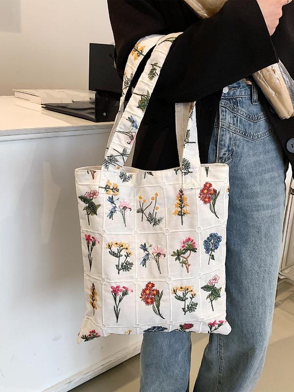 Women's Floral Pattern Embroidered Everything Tote Bag, Summer 2024 Large Capacity Designer Shoulder Bag for Teen Girls, Women