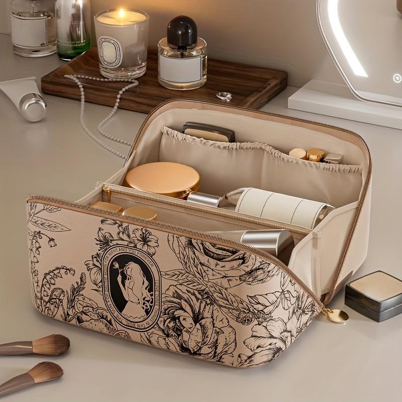 Floral Pattern Cosmetic Bag, 1 Count Large Capacity Makeup Bag, Portable Travel Storage Bag, Dustproof and Waterproof PU Leather Toiletry Bag