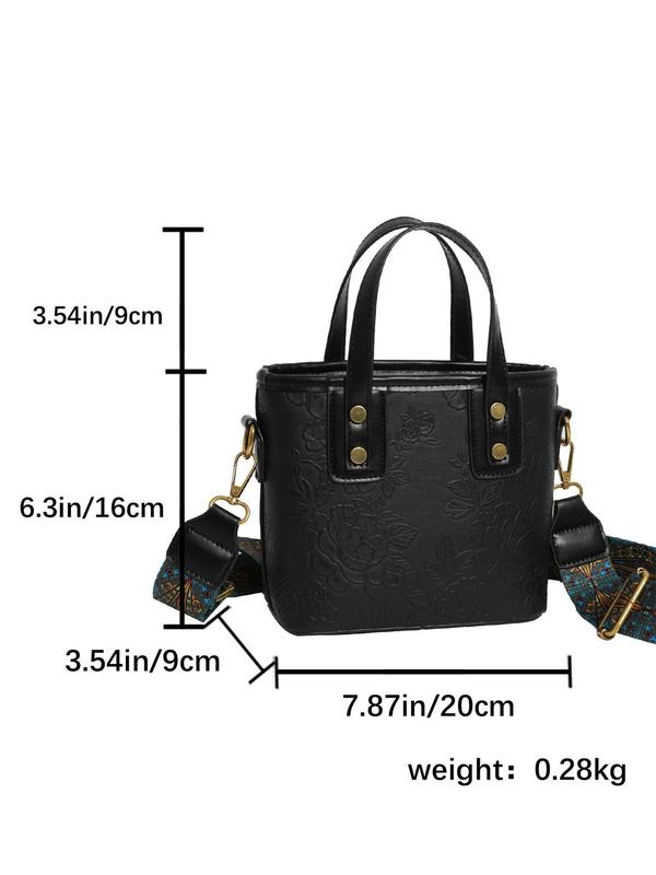 Women's Elegant Ethnic Pattern Flower Embossed Handbag, Fashionable Vintage Bucket Bag, PU Leather Crossbody Bag for Daily Life for Women & Girls