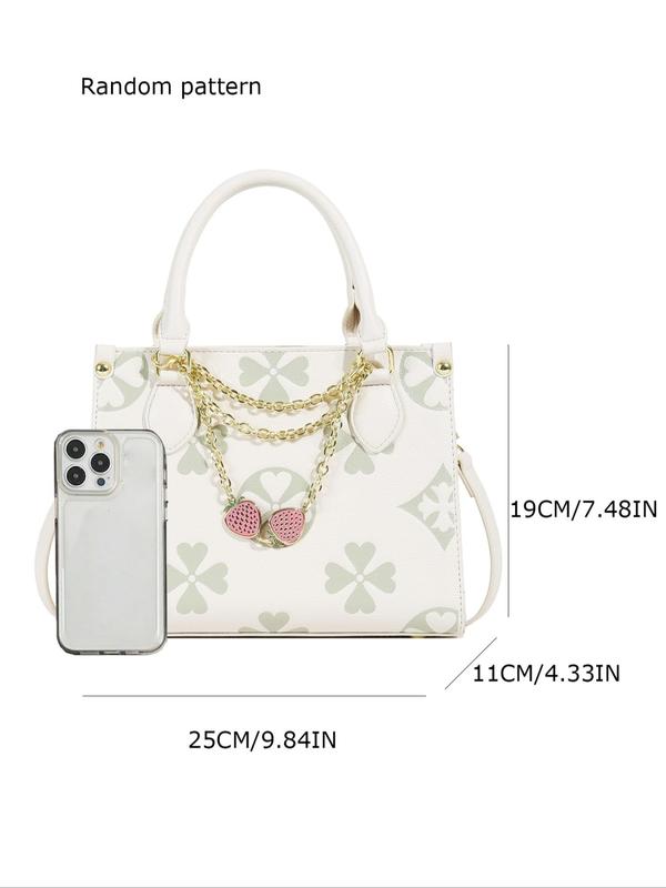 Women's Fashionable Geometric & Heart Embossed Handbag, Elegant Strawberry & Chain Decorated Crossbody Bag, Casual Trendy Versatile High-quality Daily Commuting Bag