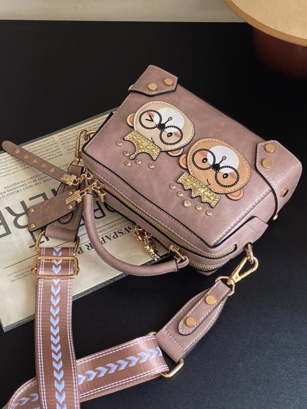 Women's Cute Cartoon Bear Pattern Crossbody Bag, Fashionable PU Leather Zipper Shoulder Bag for Daily Used, Casual Trendy Versatile High-quality Daily Commuting Bag