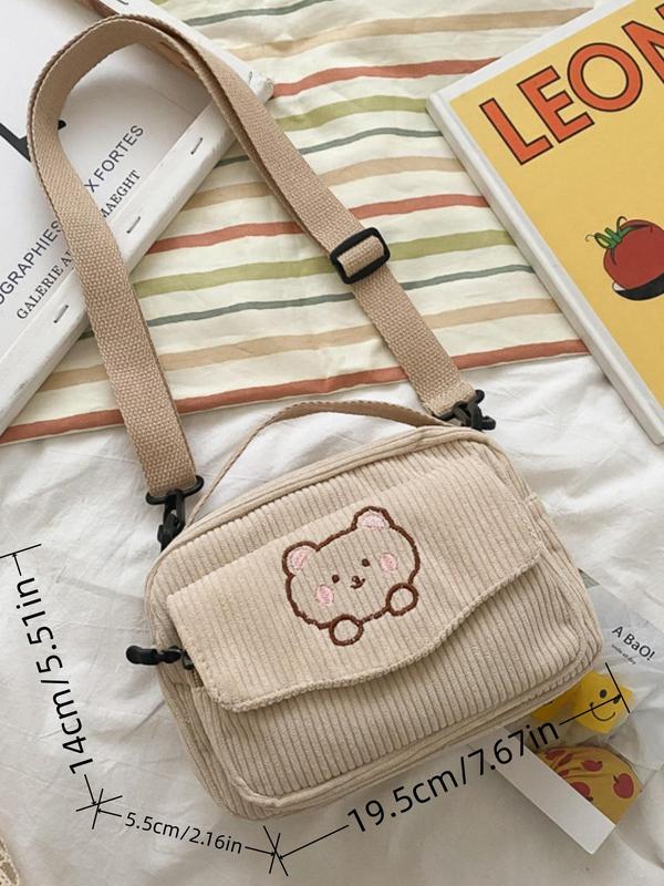 Cute Cartoon Bear Pattern Corduroy Crossbody Bag,  Fashionable Shoulder Bag for Women & Girls, Casual Trendy Versatile High-quality Daily Commuting Bag