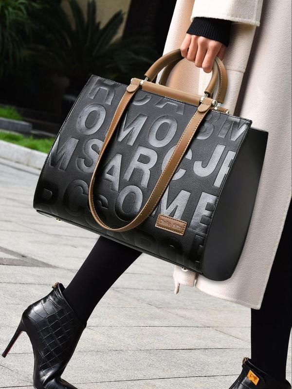 Fashion Letter Pattern Label Patched Design Tote Bag, Casual Crossbody Bag for Women, Trendy All-match Commuter Bag for Daily Used