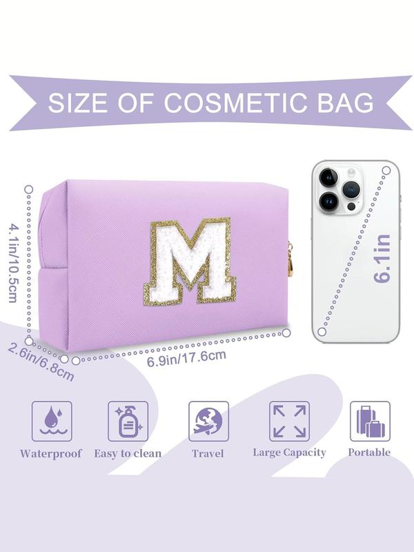 Glitter Initial Letter Pattern Makeup Bag, Preppy Style Portable Cosmetic Bag with Zipper, Waterproof Multifunctional Travel Toiletry Bag for Women & Girls Back To School